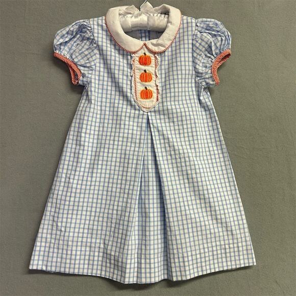 Cecil and Lou Girls Pumpkin Embroidered Blue Plaid Dress Girls Size 4